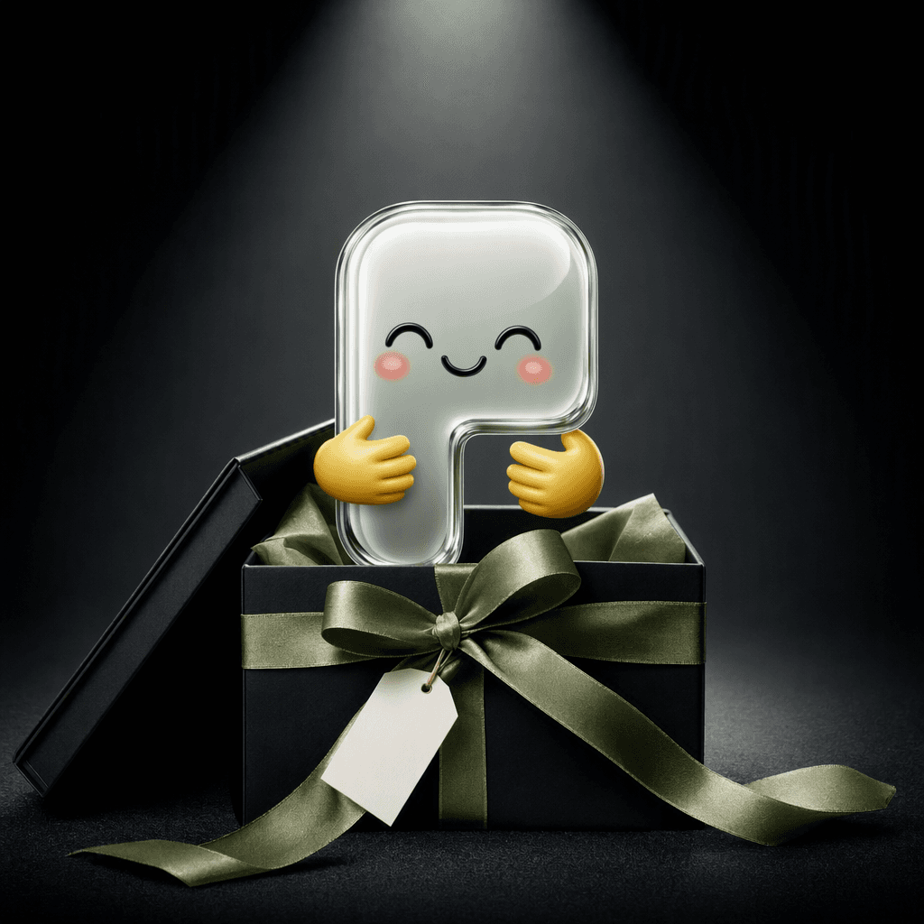 the P, gift-wrapped in a black box with a green ribbon